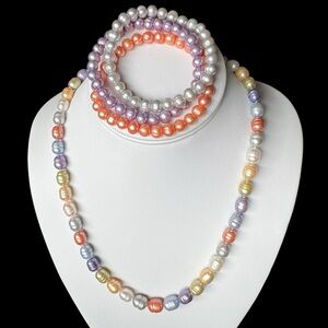 Honora 20” Multicolor Freshwater Pearl Necklace + Stretch Bracelets Sterling 925